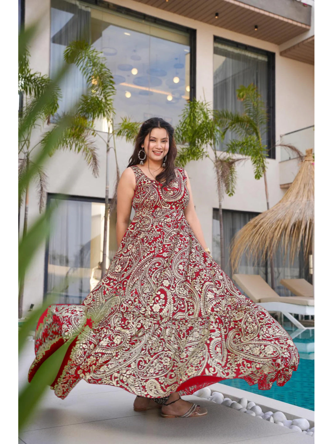 Red Paisley Printed Rayon Tiered Dress
