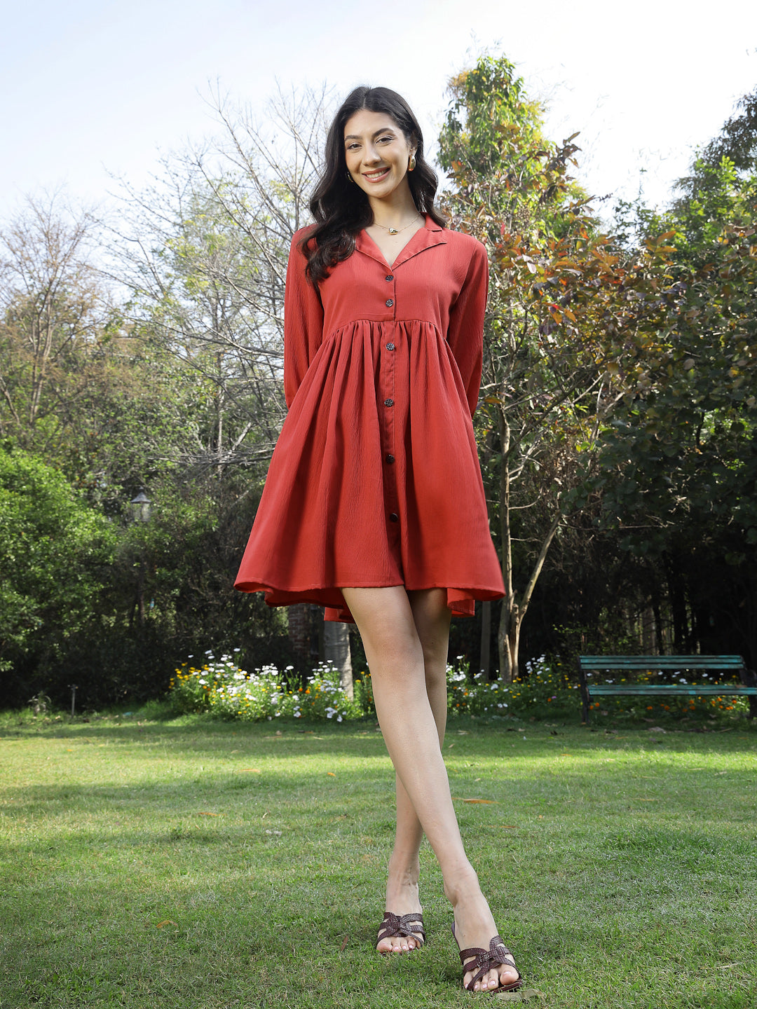 Rust Solid Italian Crepe Flared Dress