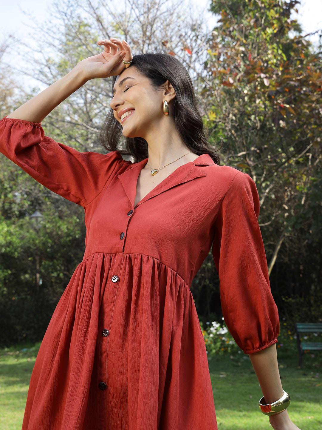 Rust Solid Italian Crepe Flared Dress
