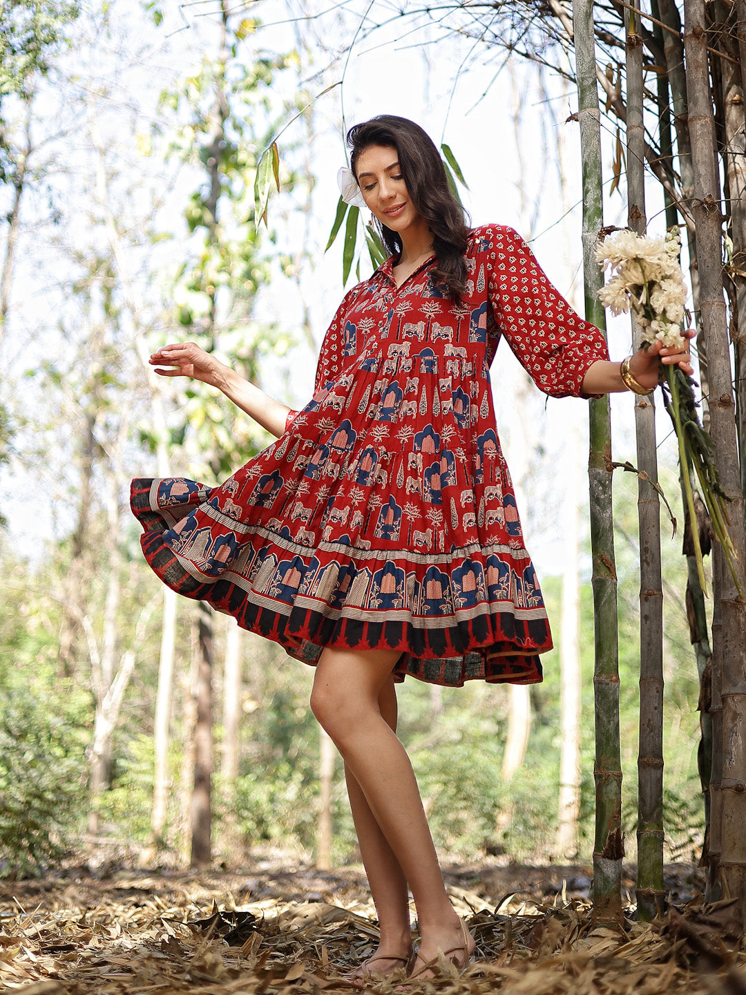 Women's Rust Ethnic Printed Cotton Flared Dress