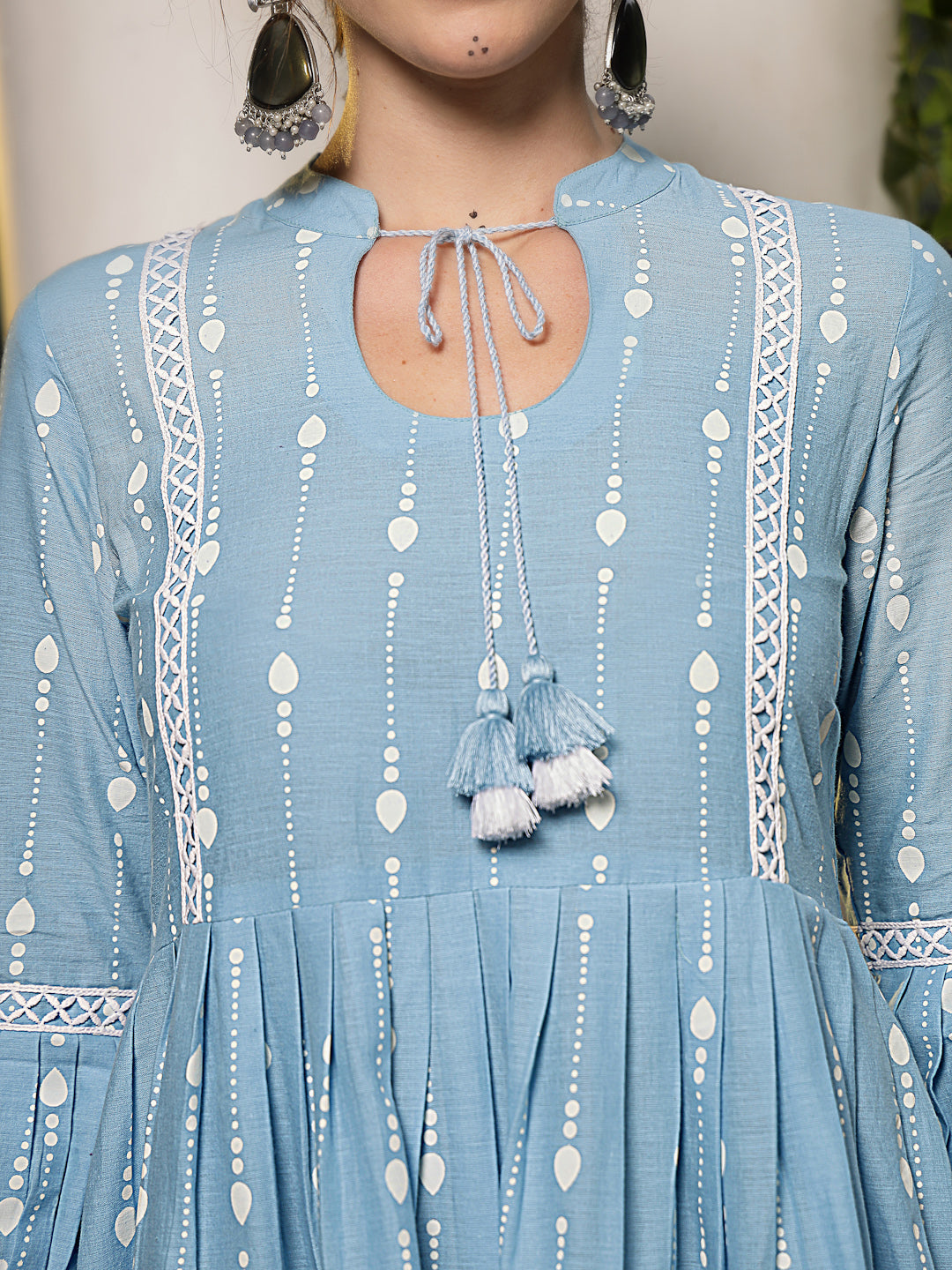 Sky Blue Printed Cotton Flared Dress (Pre-Order)