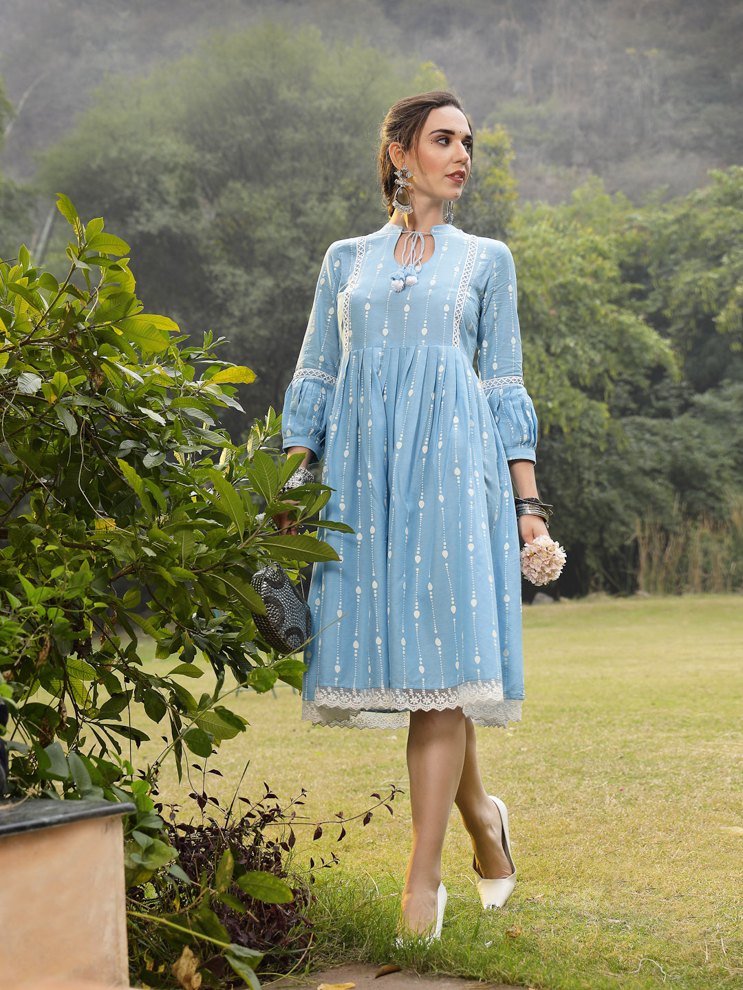 Sky Blue Printed Cotton Flared Dress