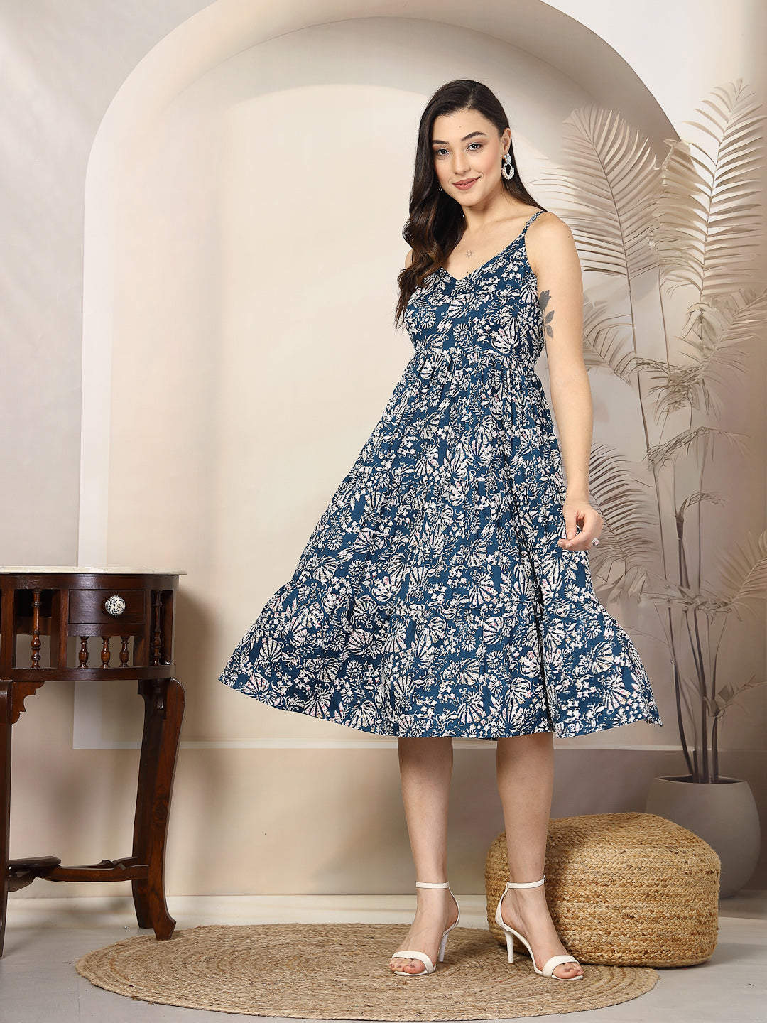 Teal Blue Floral Printed Polyester Tiered Strappy Dress