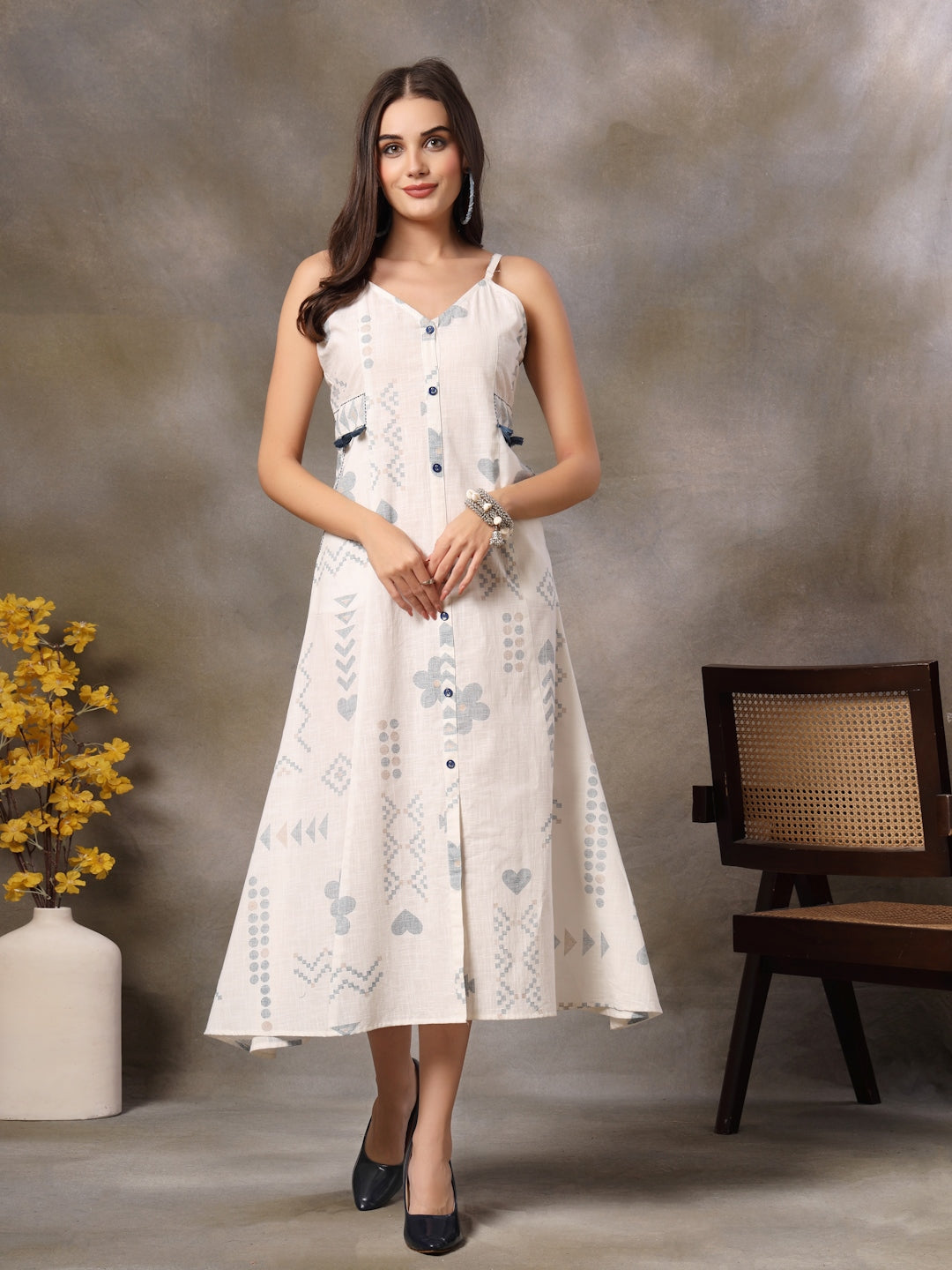 White Abstract Printed Cotton Blend A-Line Dress