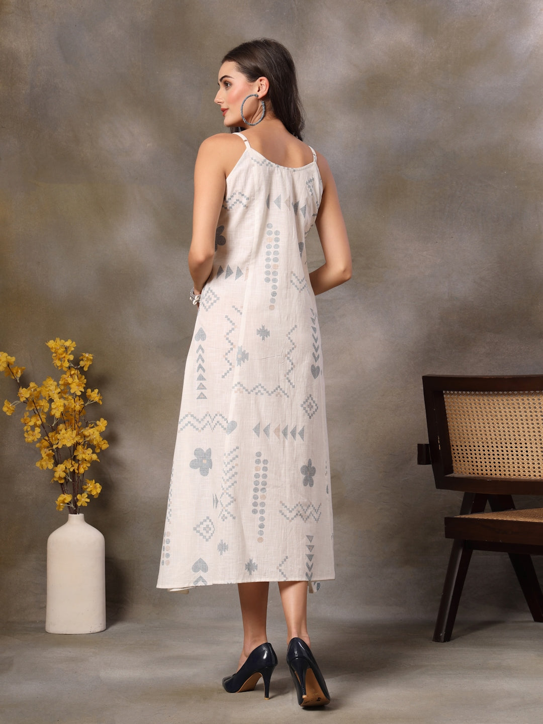 White Abstract Printed Cotton Blend A-Line Dress