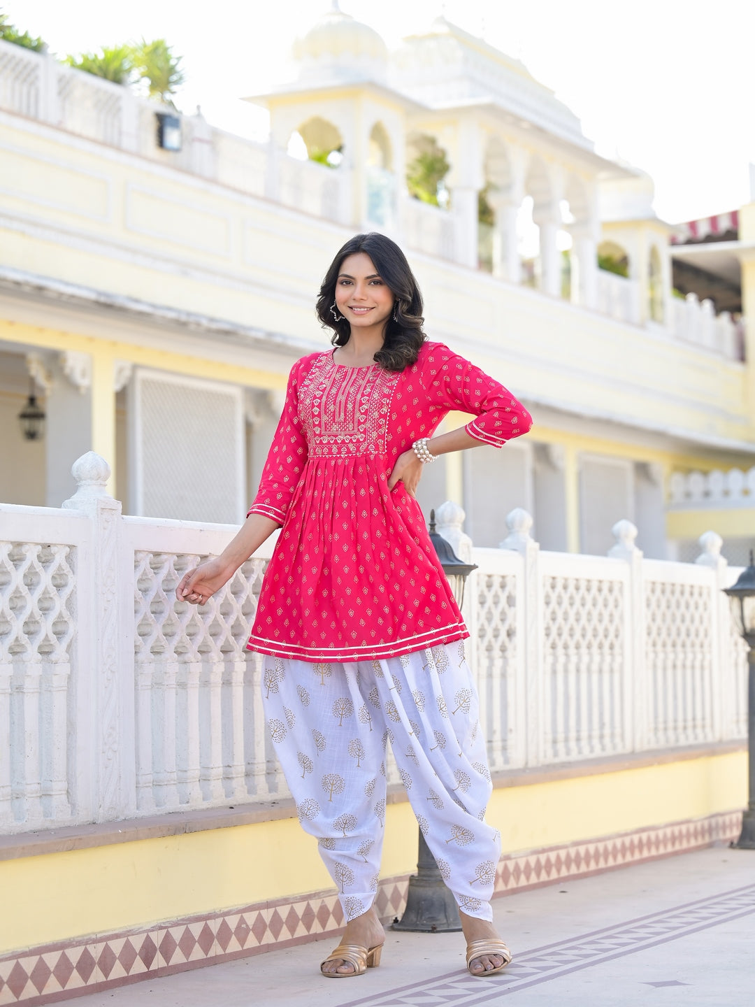Printed & Embroidered Rayon Kurti with Dhoti Pant