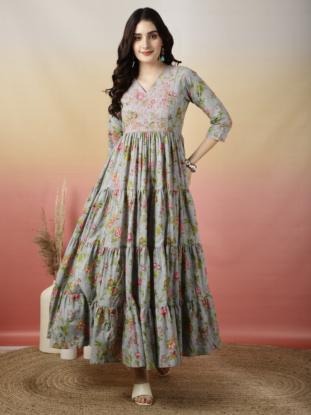 Women Embroidered Cotton Printed Ankle Length V-Neck Tiered Kurta