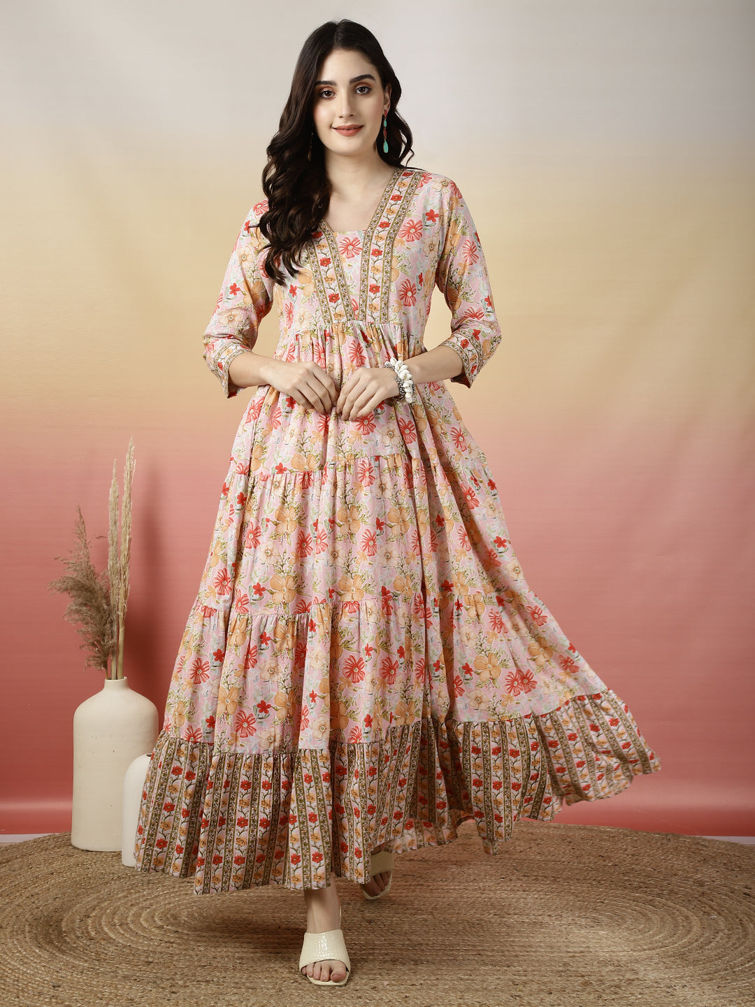 Women Cotton Printed Ankle Length V-Neck Tiered Kurta