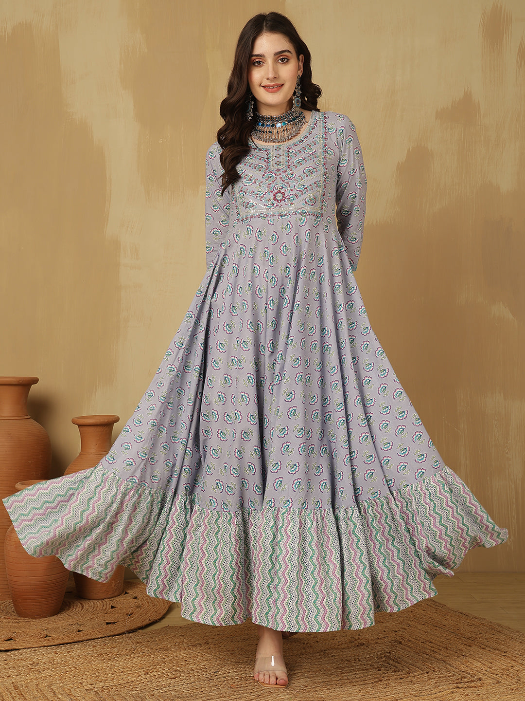 Women Embroidered Cotton Printed Ankle Length Round Neck Tiered Kurta
