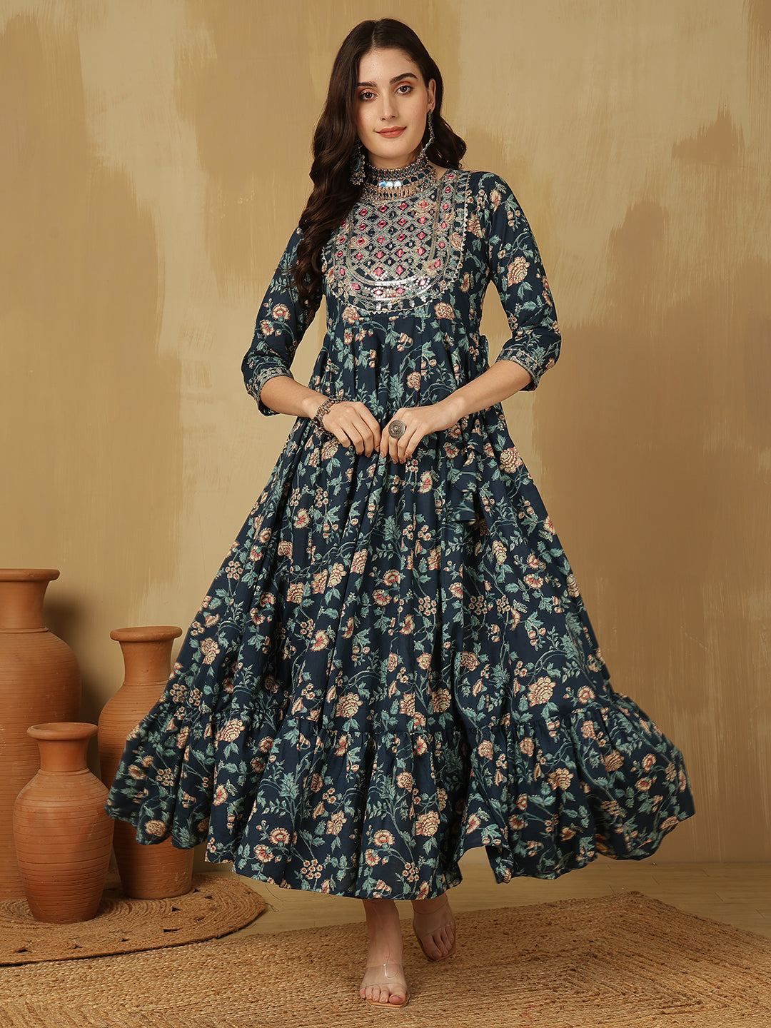 Women Embroidered Cotton Printed Ankle Length Round Neck Tiered Kurta