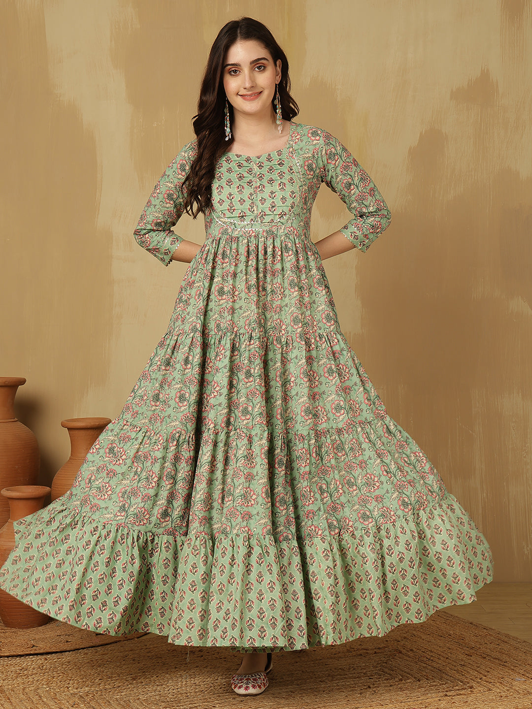 Women Cotton Printed Ankle Length Round Neck Tiered Kurta