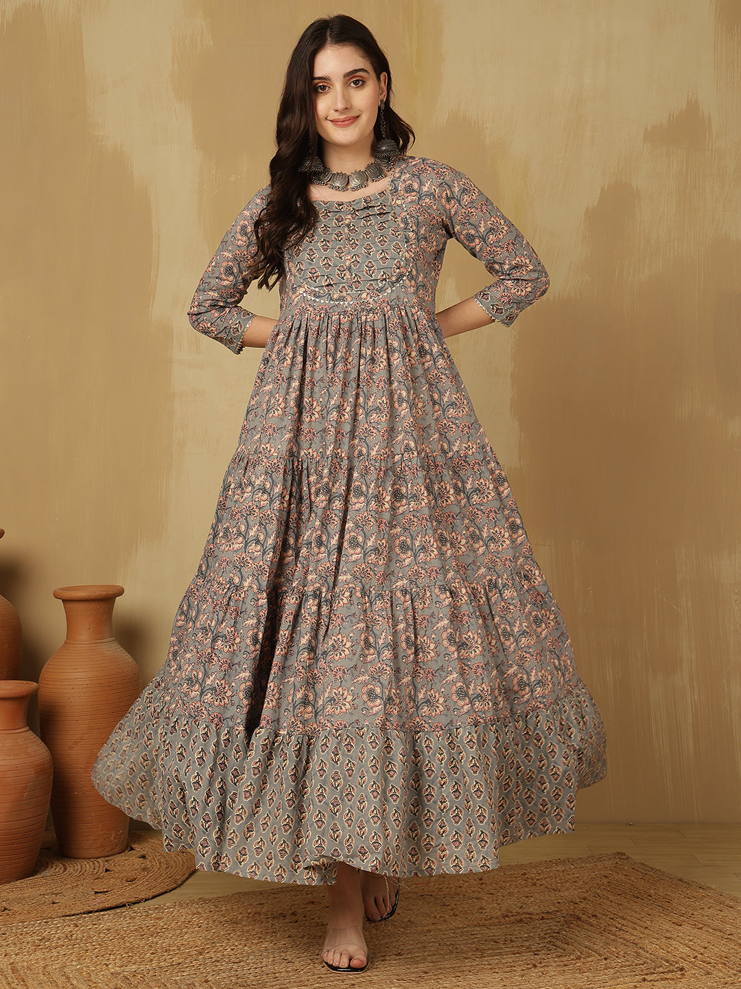 Women Cotton Printed Ankle Length Round Neck Tiered Kurta