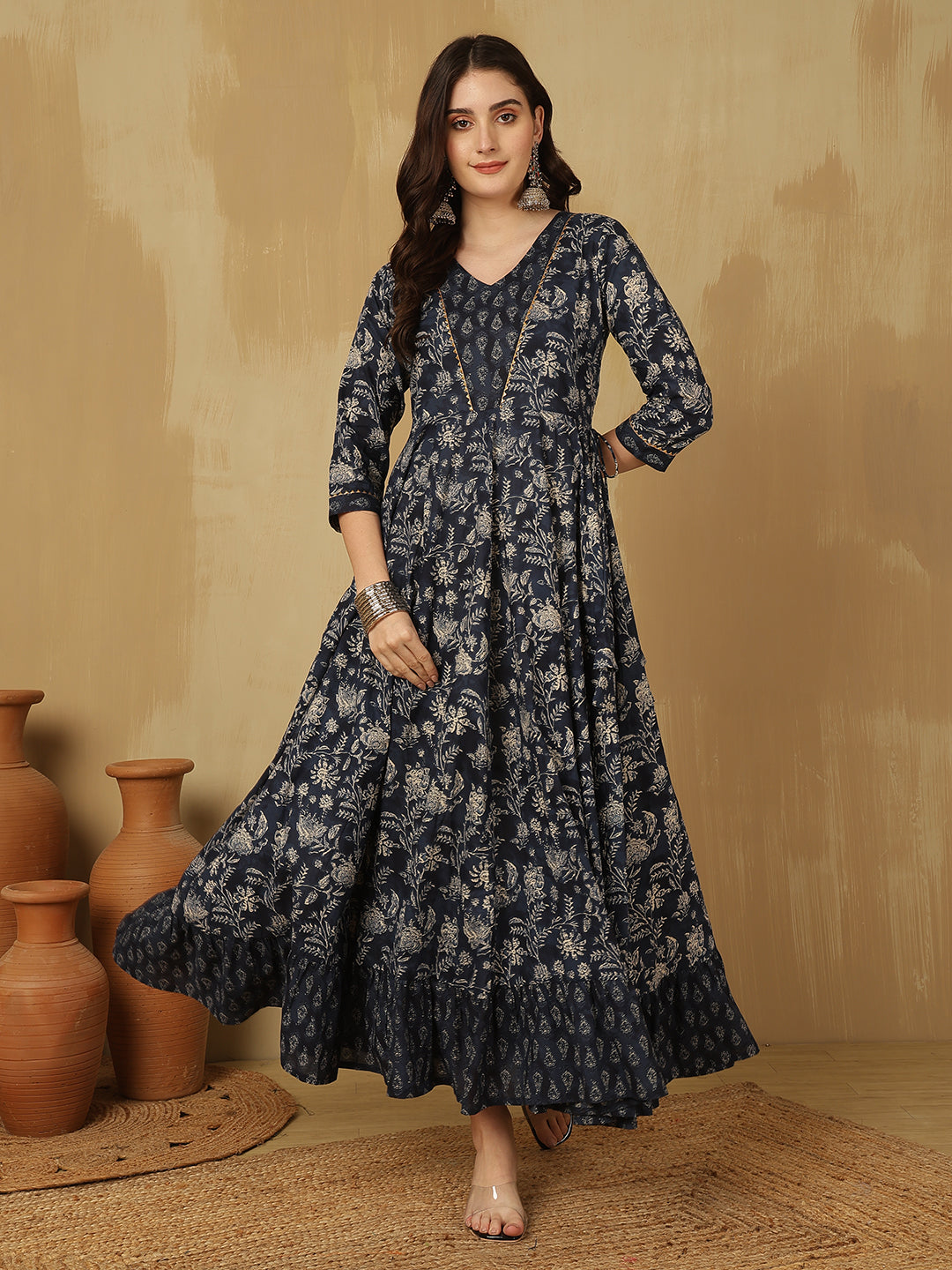 Women Cotton Printed Ankle Length V-Neck Tiered Kurta