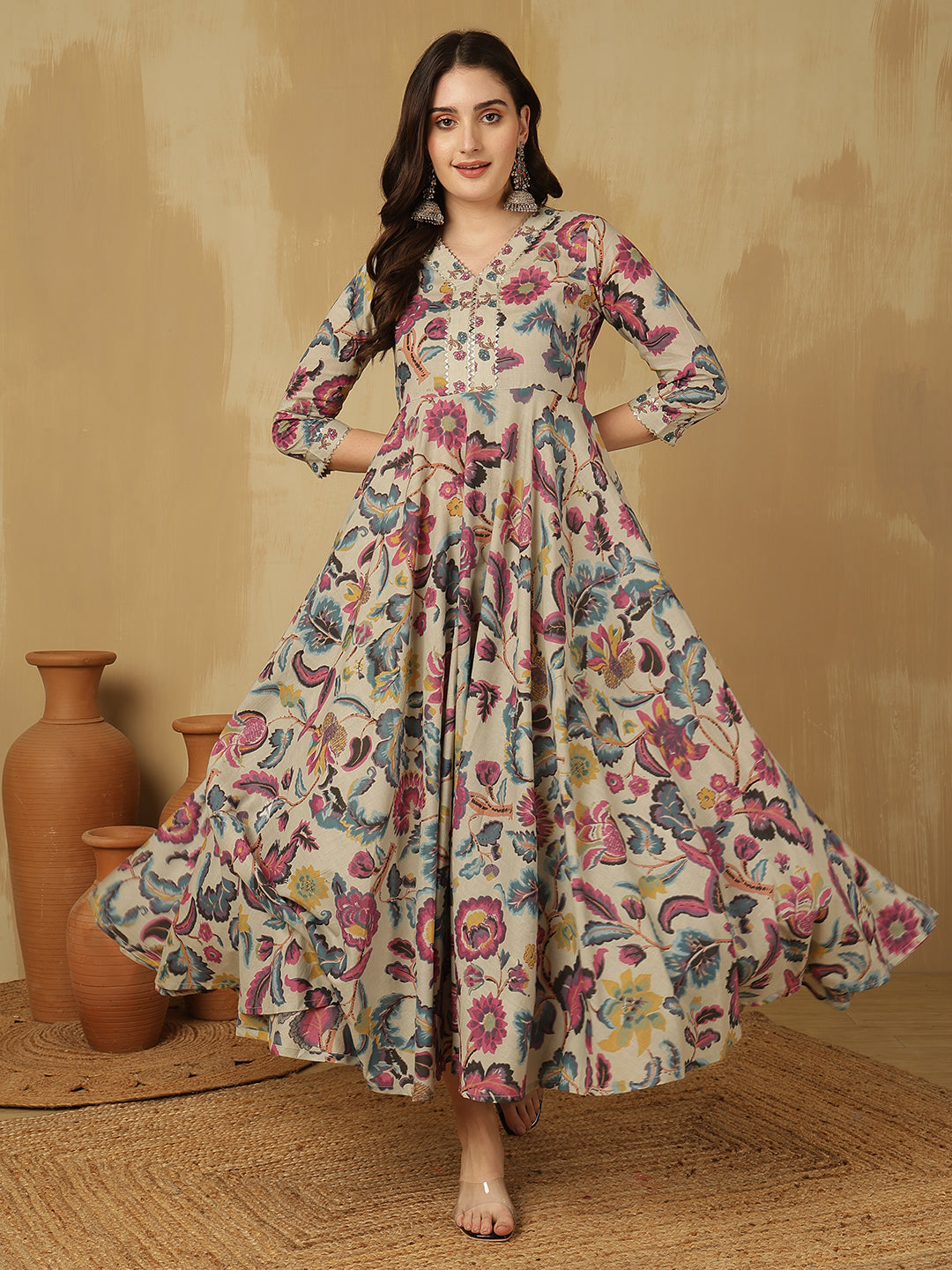 Women Cotton Printed Ankle Length V-Neck Tiered Kurta