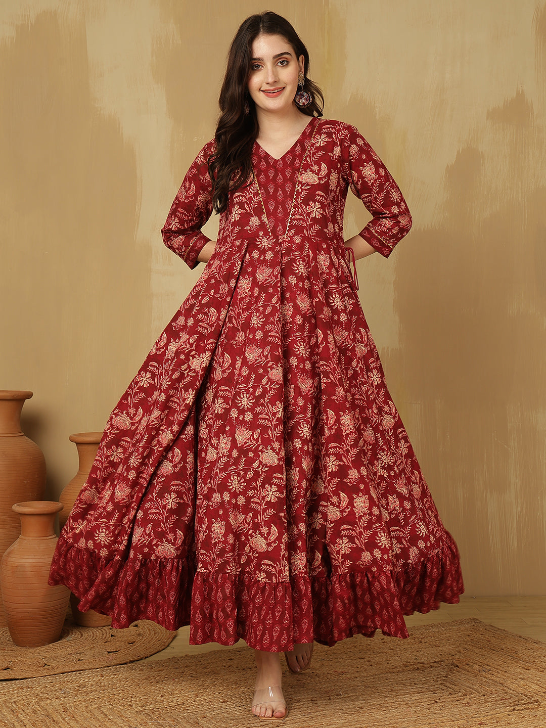 Women Cotton Printed Ankle Length V-Neck Tiered Kurta