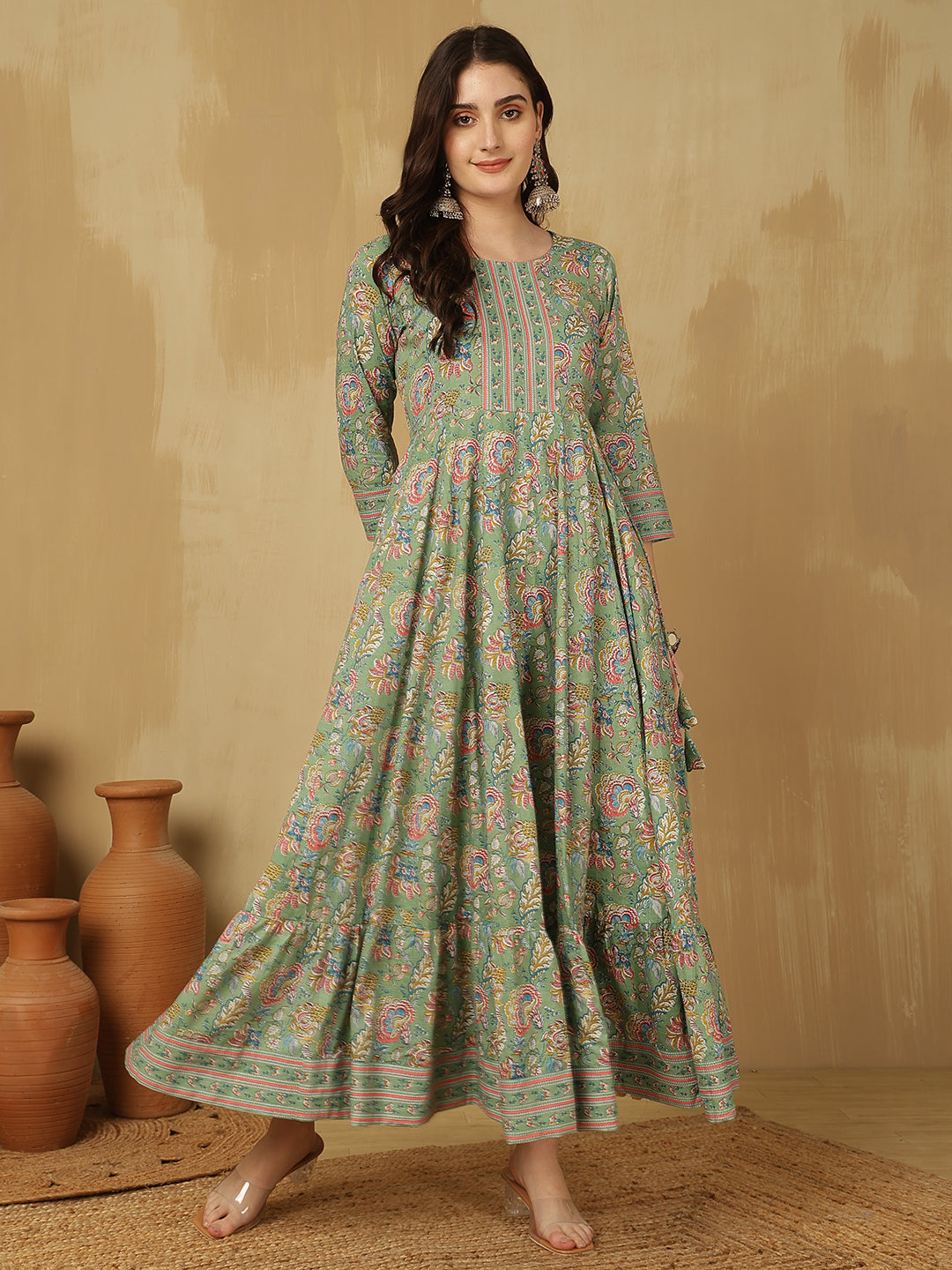 Women Cotton Printed Ankle Length Round Neck Tiered Kurta