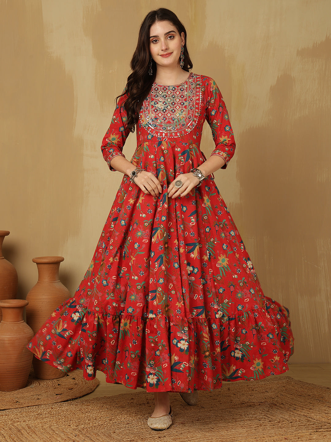 Women Embroidered Cotton Printed Ankle Length Round Neck Tiered Kurta