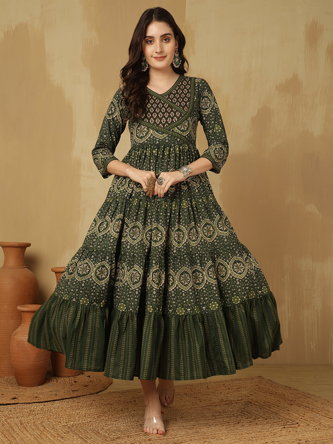 Women Cotton Printed Ankle Length V-Neck Tiered Kurta