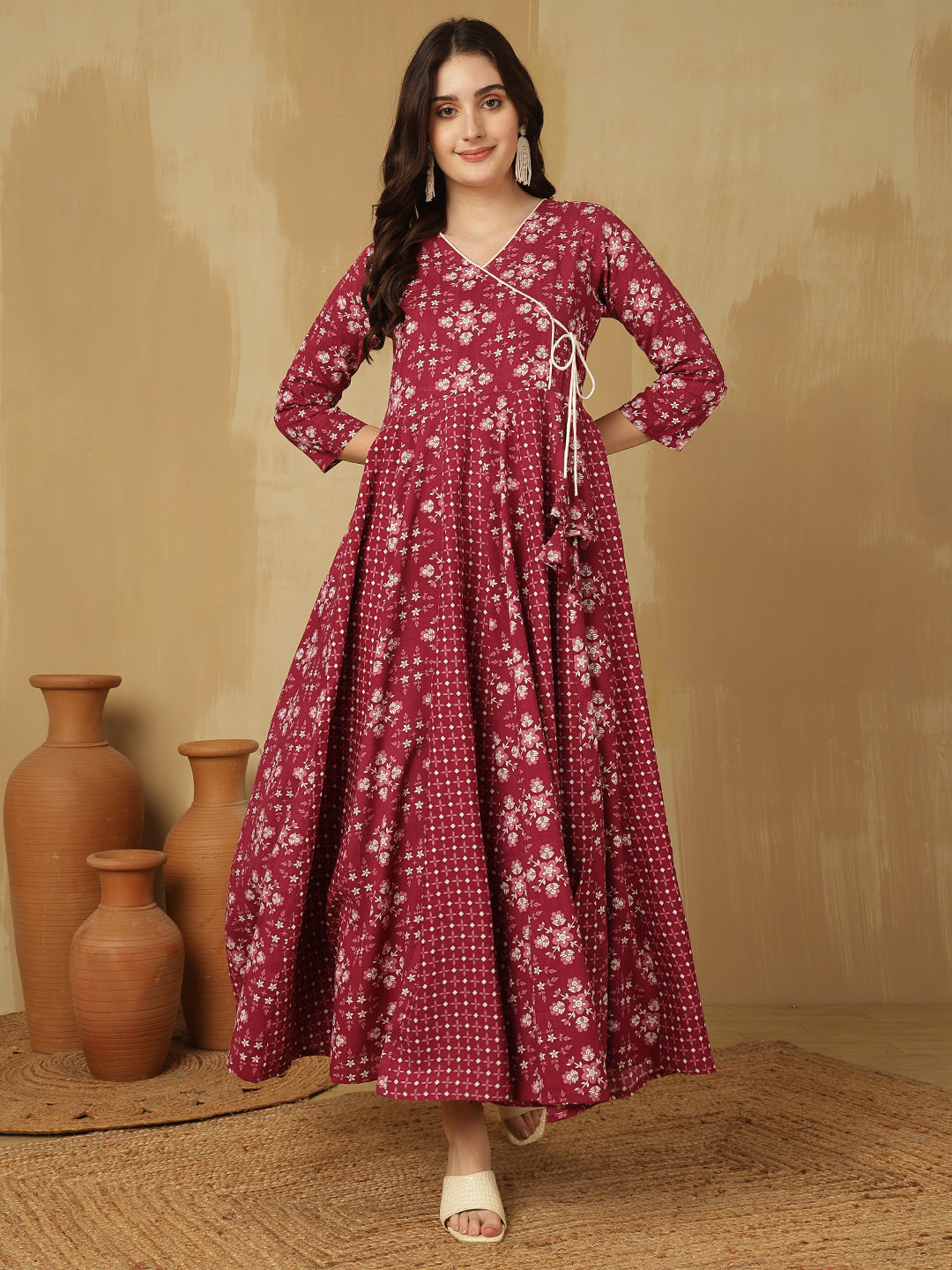 Women Cotton Printed Ankle Length V-Neck Anarkali Kurta