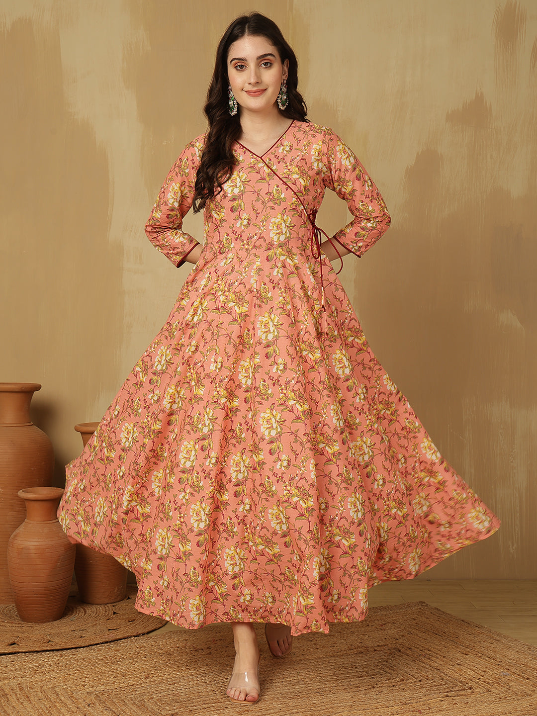 Women Cotton Printed Ankle Length V-Neck Anarkali Kurta