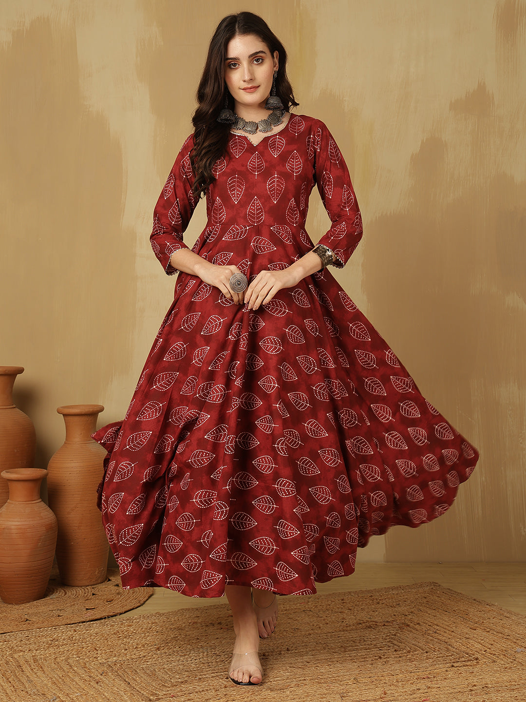 Women Cotton Printed Ankle Length V-Neck Anarkali Kurta
