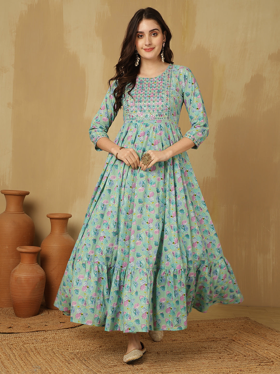 Women Embroidered Cotton Printed Ankle Length Round Neck Tiered Kurta
