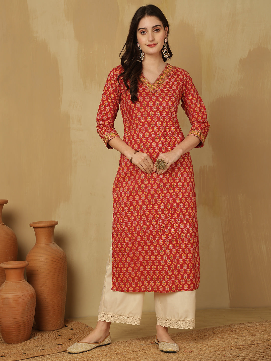 Women Embroidered Cotton Printed Calf Length V-Neck Straight Kurta
