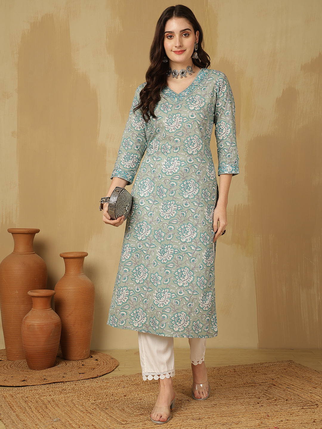 Women Embroidered Cotton Printed Calf Length V-Neck Straight Kurta