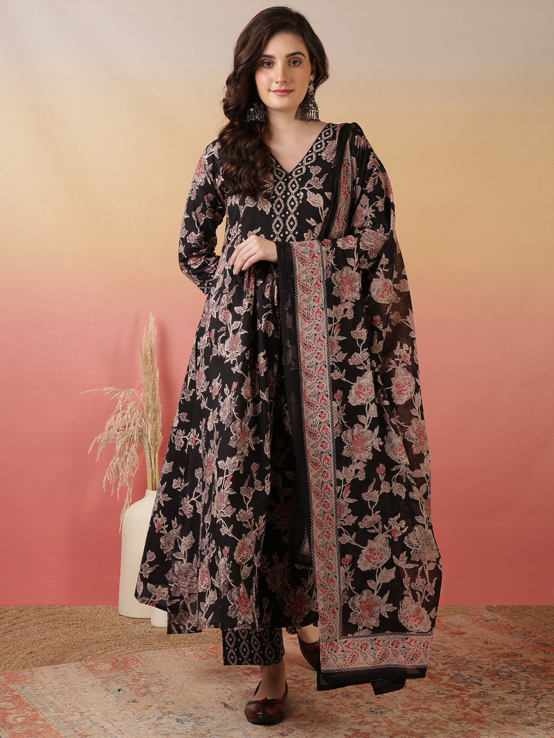 Women Cotton Printed Ankle Length V-Neck Flared Kurta, Palazzo With Dupatta Set