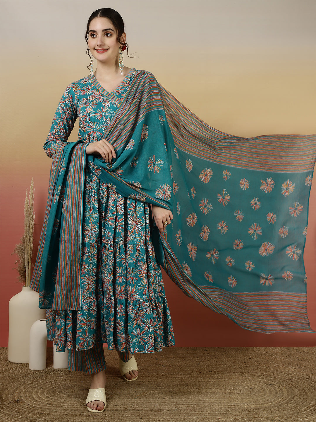 Women Cotton Printed Ankle Length V-Neck Anarkali Kurta, Palazzo With Dupatta Set