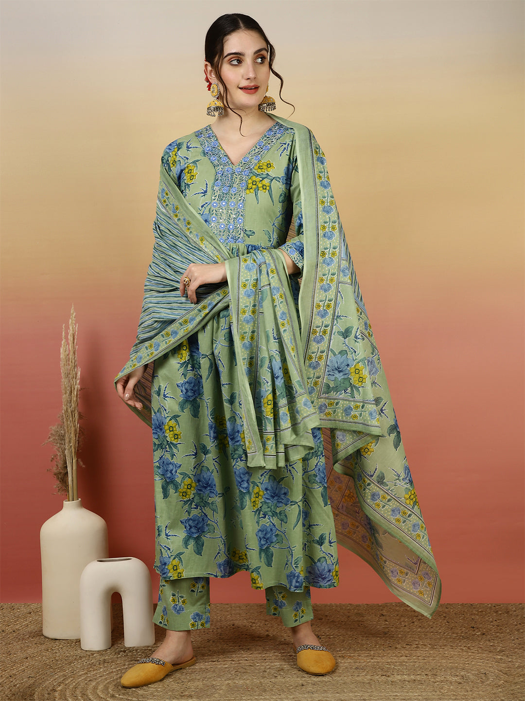 Women Embroidered Cotton Printed Ankle Length V-Neck Anarkali Kurta, Palazzo With Dupatta Set