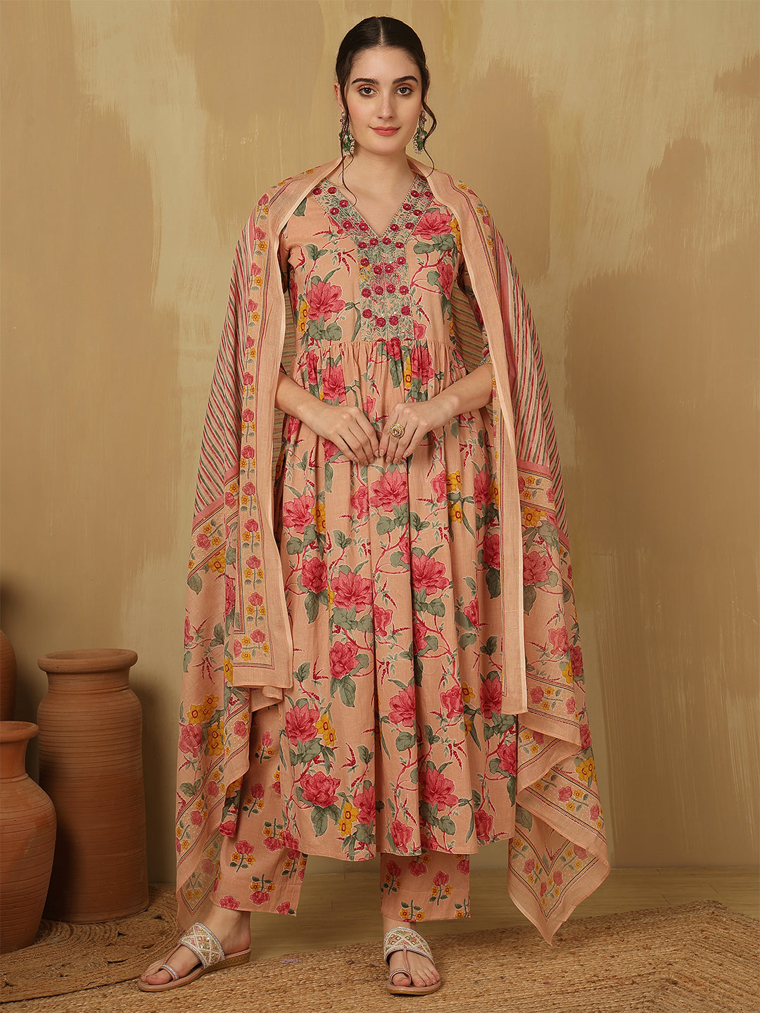 Women Embroidered Cotton Printed Ankle Length V-Neck Anarkali Kurta, Palazzo With Dupatta Set