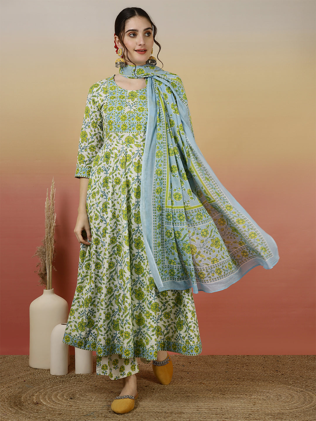 Women Cotton Printed Ankle Length V-Neck Anarkali Kurta, Palazzo With Dupatta Set