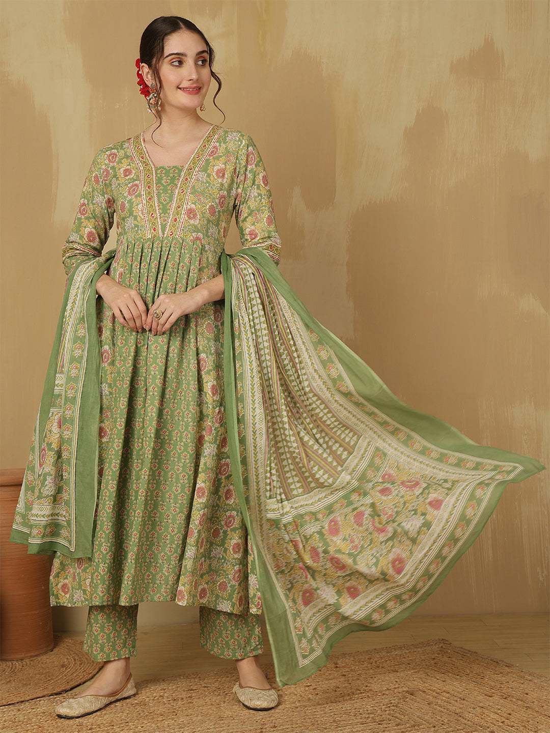Women Cotton Printed Ankle Length V-Neck Anarkali Kurta, Palazzo With Dupatta Set