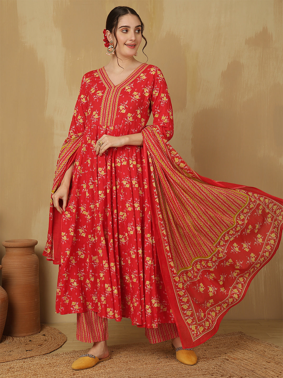 Women Cotton Printed Ankle Length V-Neck Anarkali Kurta, Palazzo With Dupatta Set