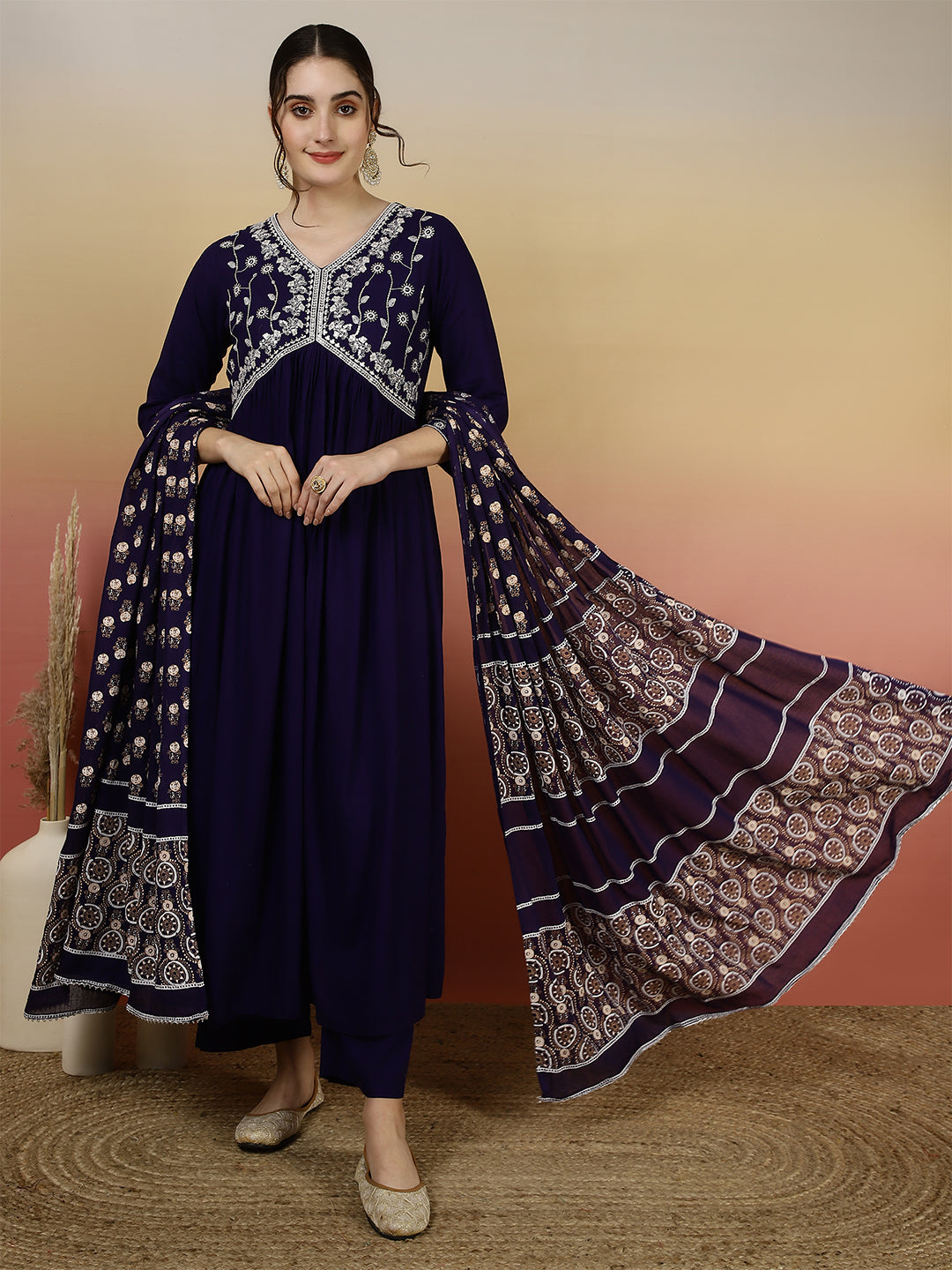 Women Embroidered Cotton Ankle Length V-Neck Anarkali Kurta, Palazzo With Dupatta Set