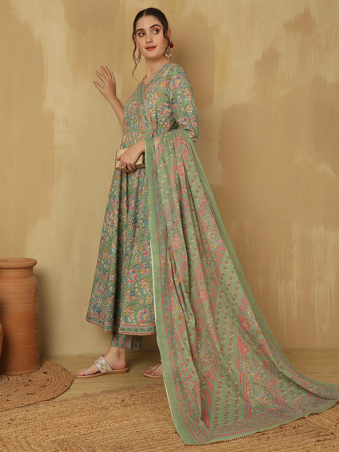 Women Cotton Printed Ankle Length V-Neck Anarkali Kurta, Palazzo With Dupatta Set