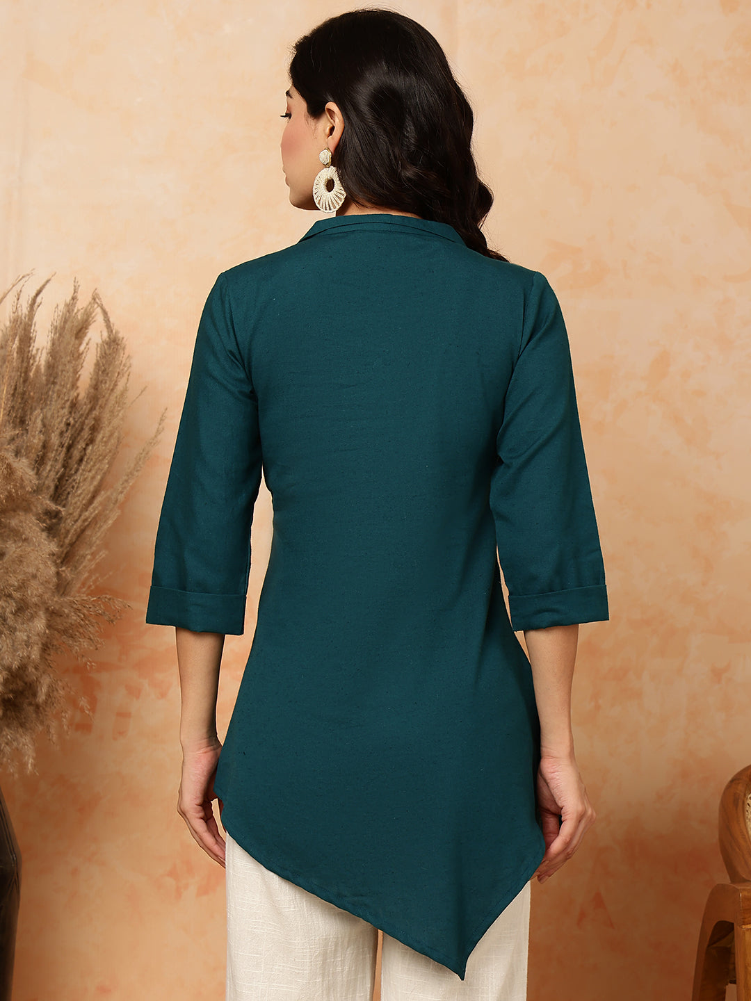 Cotton Flex Short / Hip Length Length Solid Asymmetrical 3/4 Sleeves Shirt Coller Top