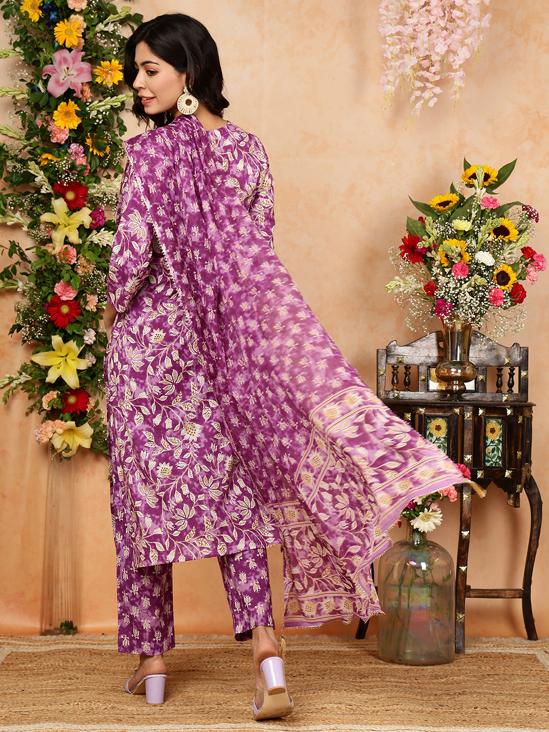 Cotton Calf Length Printed Straight 3/4 Sleeves V-Neck Kurta Bottom Dupatta Set