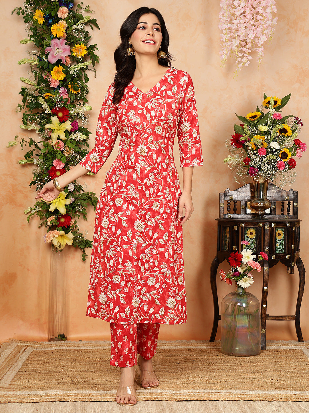 Cotton Calf Length Printed Straight 3/4 Sleeves V-Neck Kurta Bottom Dupatta Set