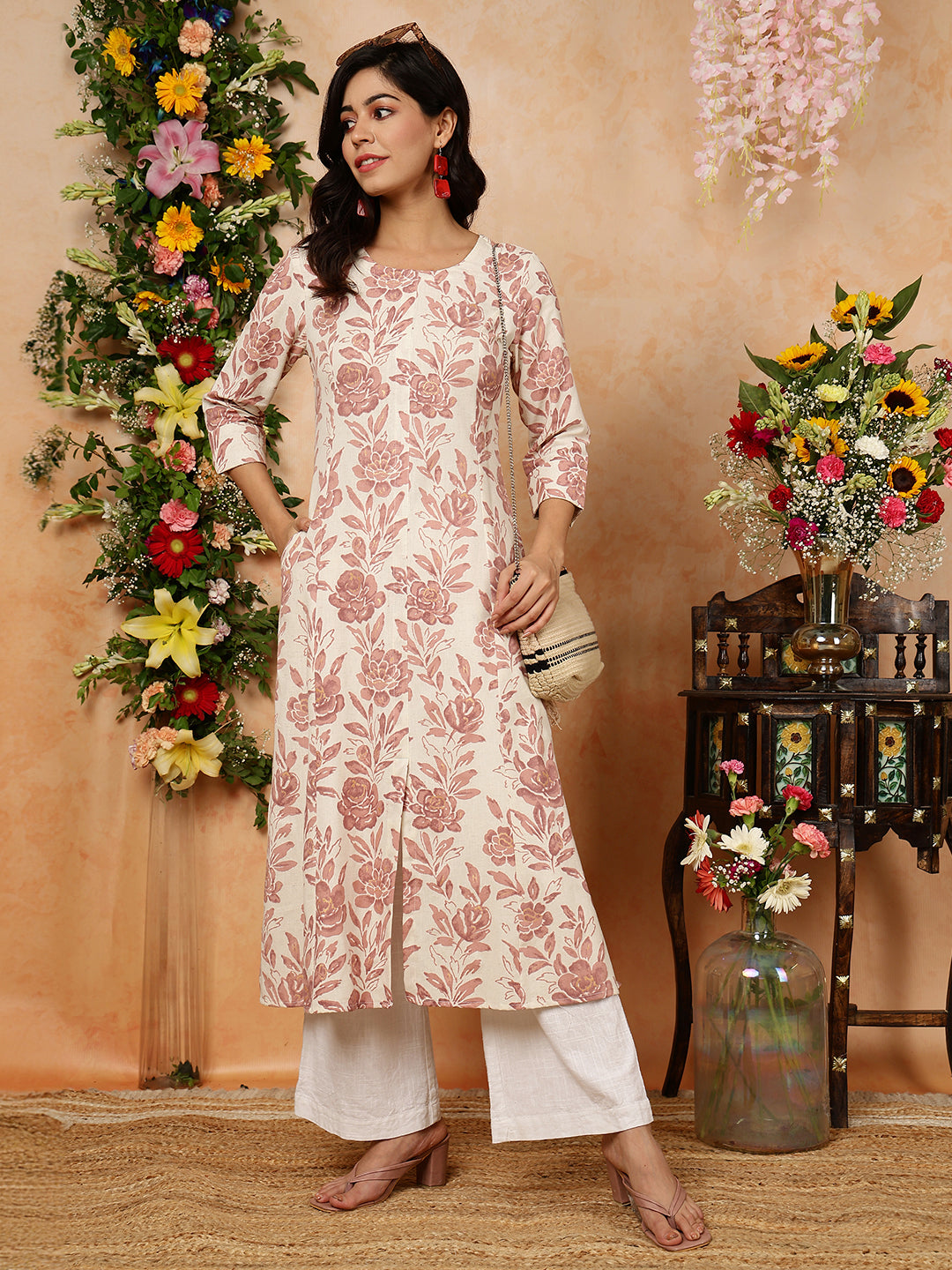 Cotton Flex Calf Length Printed A-Line 3/4 Sleeves Round Kurta