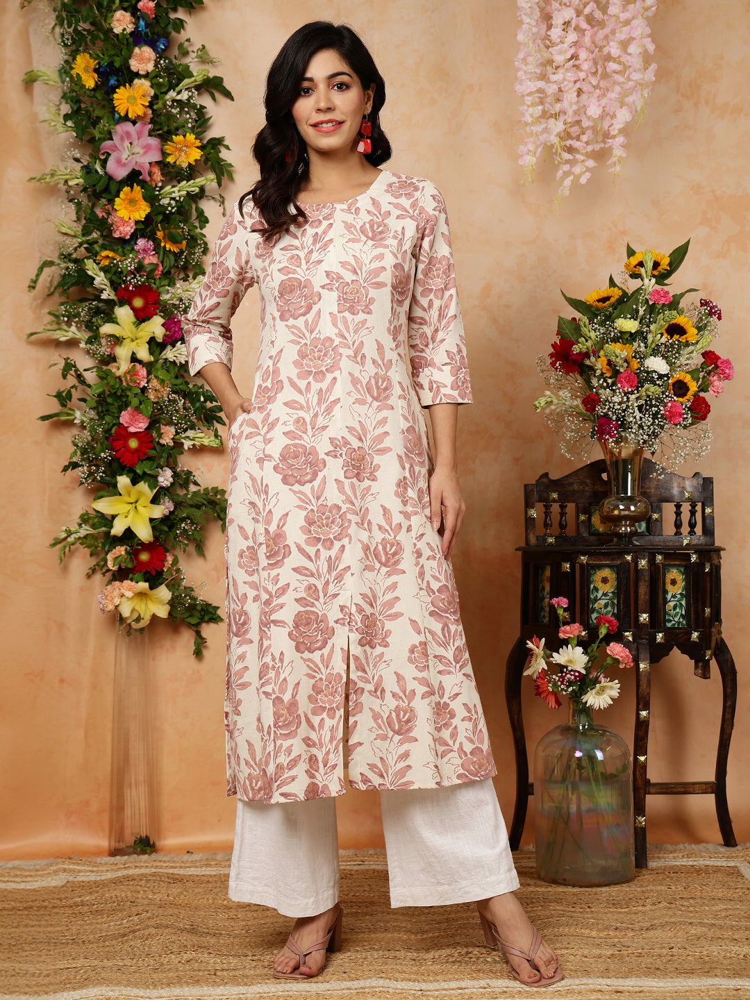 Cotton Flex Calf Length Printed A-Line 3/4 Sleeves Round Kurta