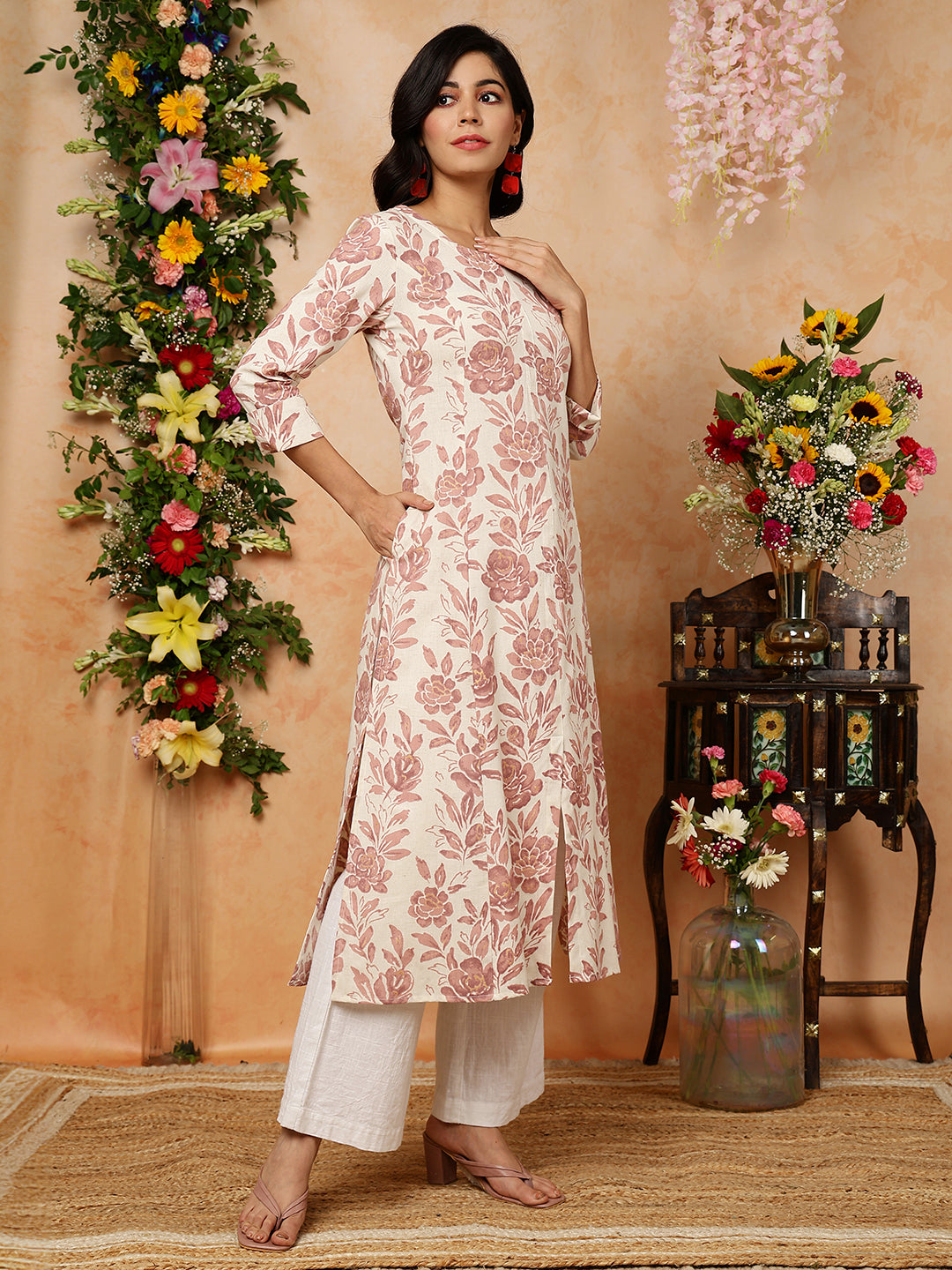 Cotton Flex Calf Length Printed A-Line 3/4 Sleeves Round Kurta