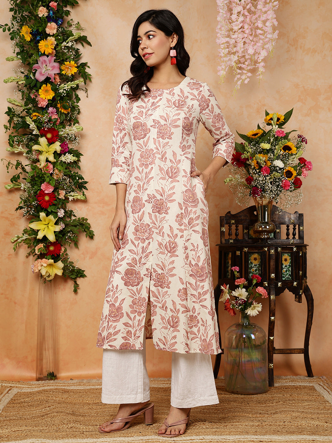 Cotton Flex Calf Length Printed A-Line 3/4 Sleeves Round Kurta