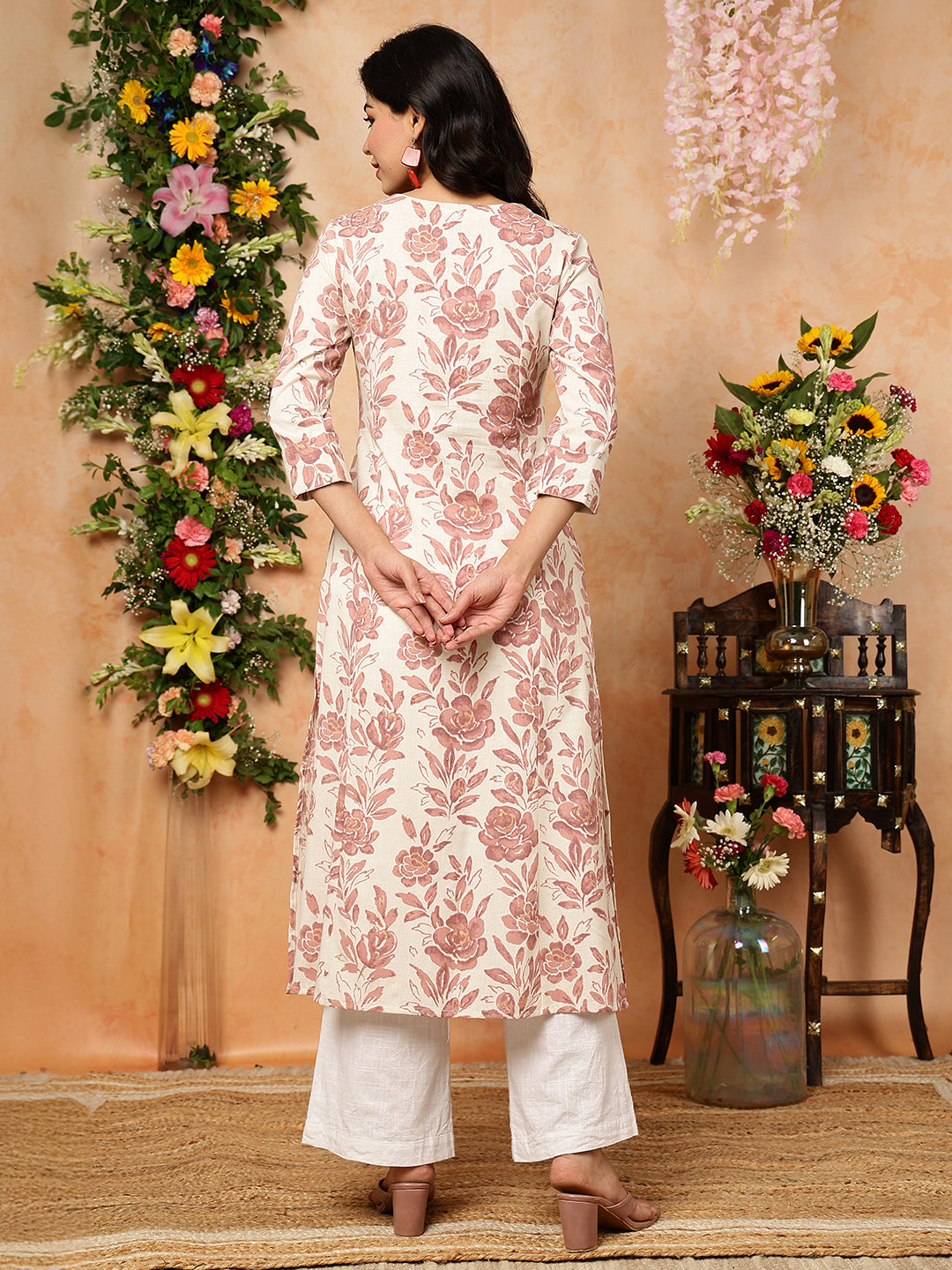 Cotton Flex Calf Length Printed A-Line 3/4 Sleeves Round Kurta