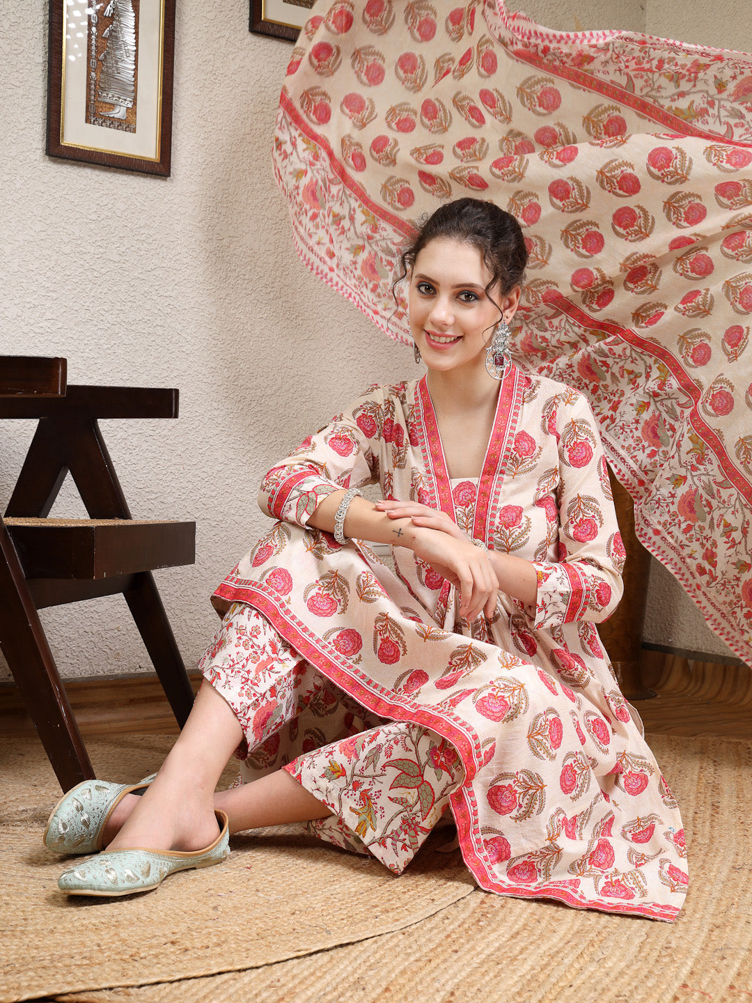 Cotton Calf Length Printed Flared 3/4 Sleeves V-Neck Kurta, Bottom With Dupatta