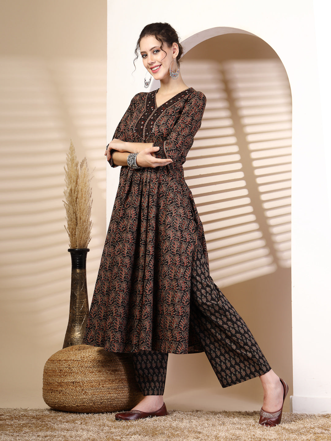 Cotton Calf Length Printed Flared 3/4 Sleeves V-Neck Kurta Bottom Dupatta Set