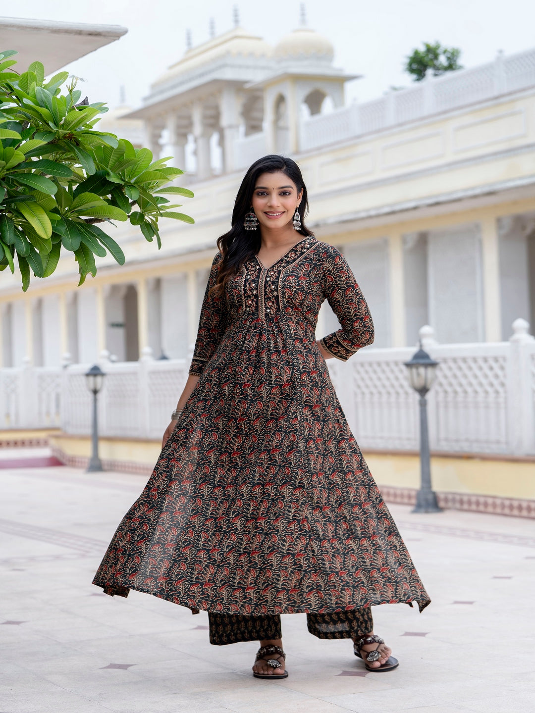 Cotton Calf Length Printed Flared 3/4 Sleeves V-Neck Kurta Bottom Dupatta Set