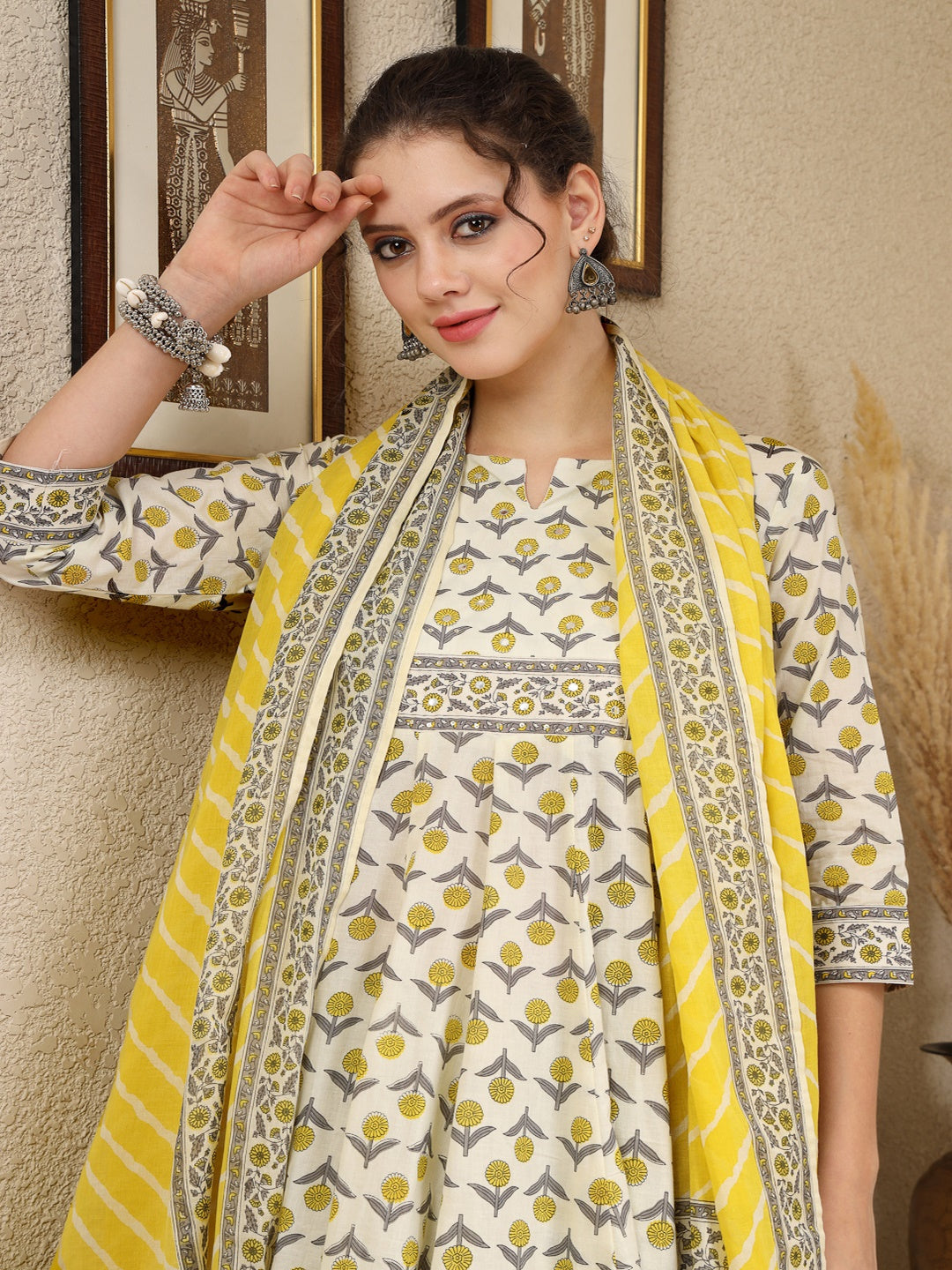 Cotton Calf Length Printed Flared 3/4 Sleeves Round Neck Kurta, Bottom With Dupatta