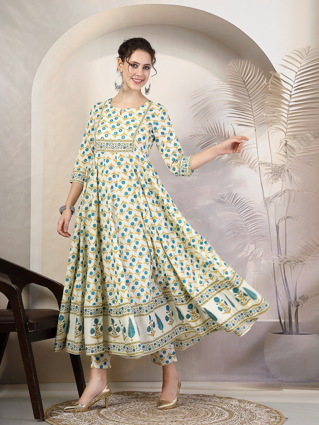 Cotton Calf Length Printed Flared 3/4 Sleeves Round Neck Kurta, Bottom With Dupatta